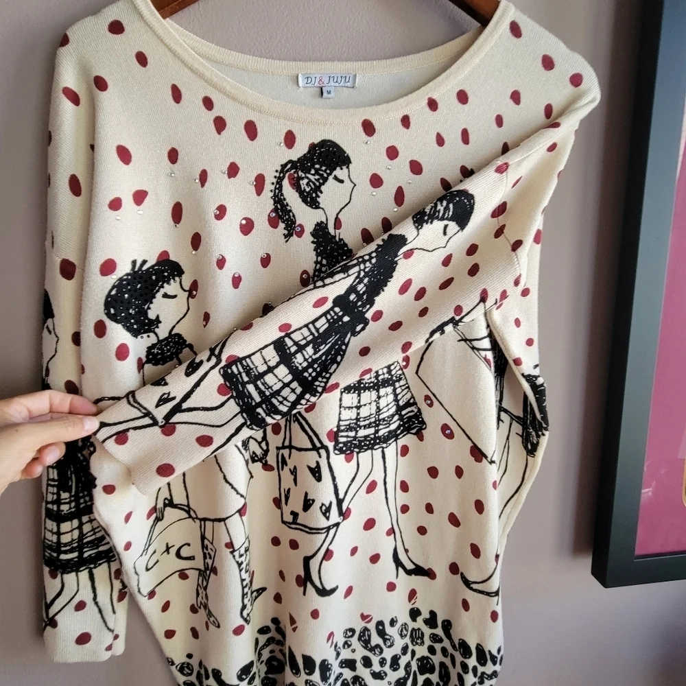 Dj & JuJu Women's Whimsical Graphic Red Dots Sweater Size Medium 3/4 Sleeve - Picture 7 of 12